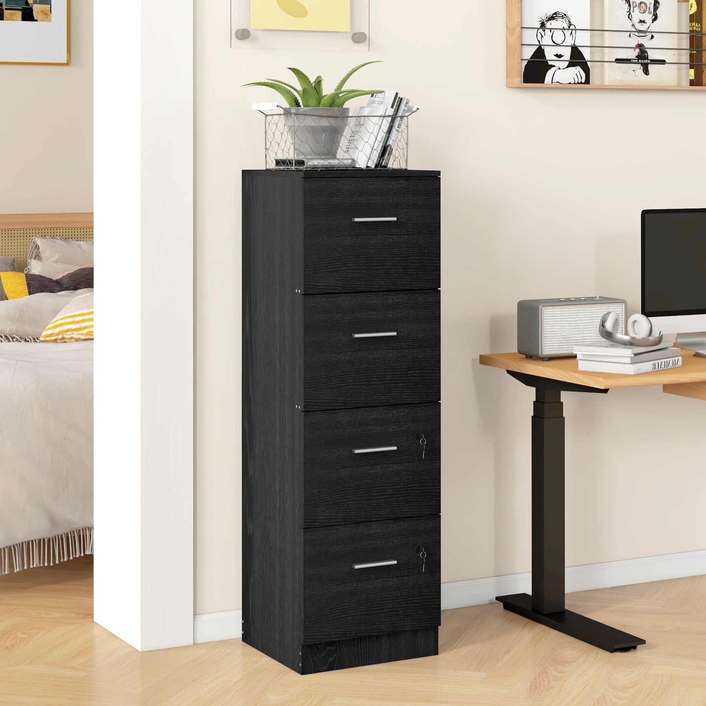 HOMCOM our-Drawer Lockable Filing Cabinet - Black Wood Effect