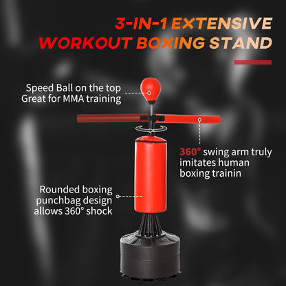 HOMCOM 55-205cm 3-IN-1 Freestanding Boxing Punch Bag Stand with Rotating Flexible Arm, Speed Ball, Waterable Base