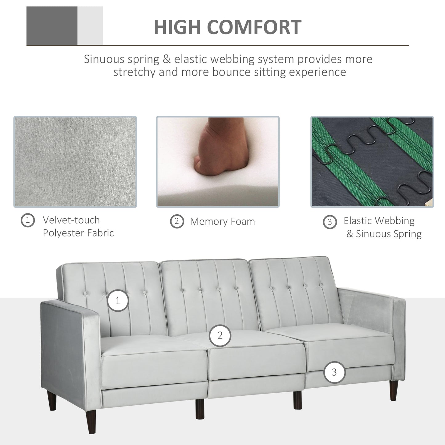 HOMCOM L Shape Sofabed with 3-Seater Sofa and Footstool, Corner Sofa Bed with Ottoman, Light Grey Velvet Fabric