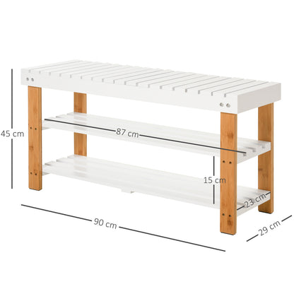 HOMCOM ooden Shoe Bench, with Hidden Storage & Shelves - White & Natural