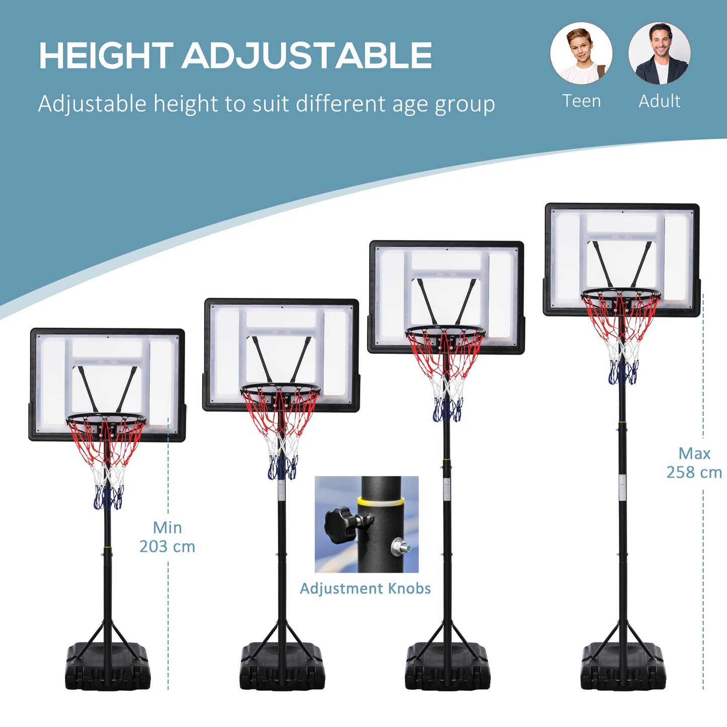 HOMCOM .55-2.1m Basketball Hoop and Stand w/ Fillable Base, Wheels