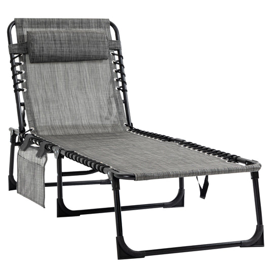 Outsunny Portable Sun Lounger, Folding Camping Bed Cot, Reclining Lounge Chair 5-position Adjustable Backrest with Side Pocket, Pillow for Patio Garden Beach Pool, Mixed Grey