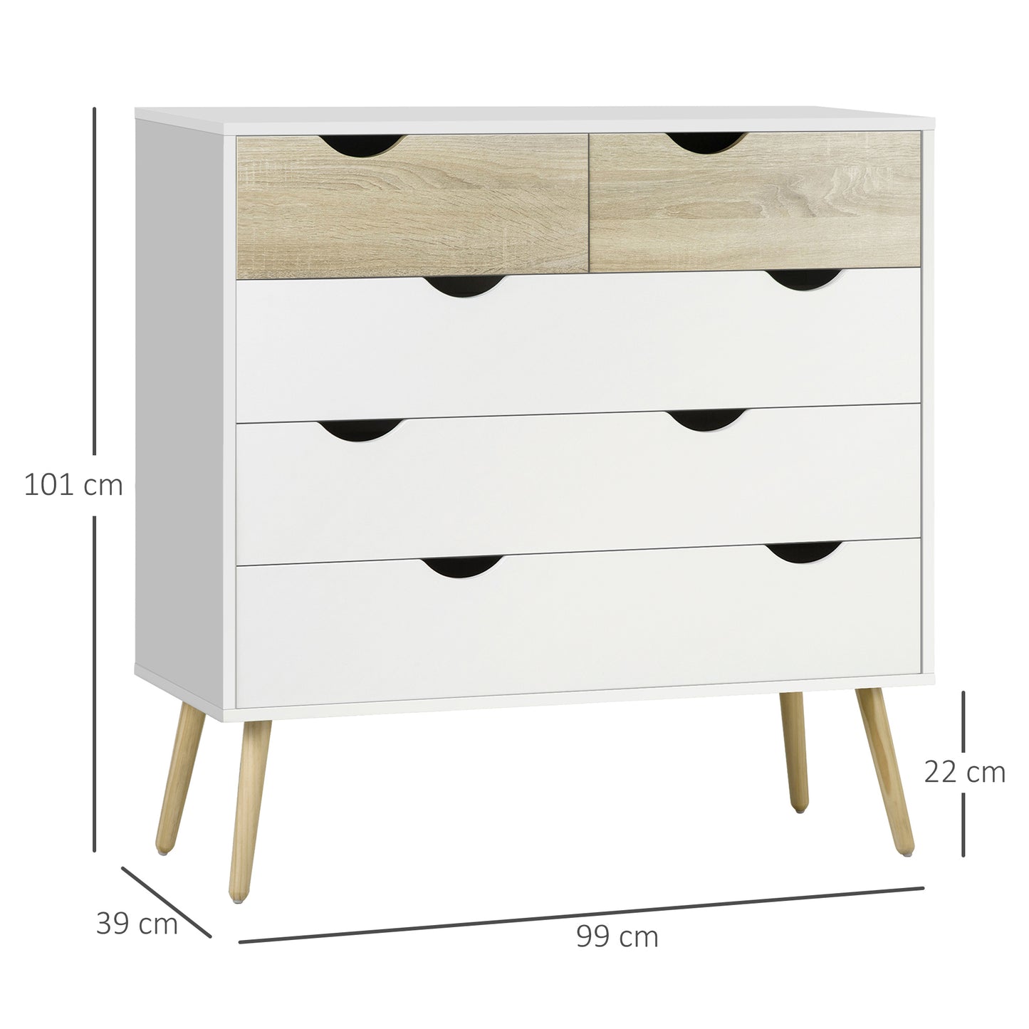 HOMCOM ordic Style Chest of Drawers, 5 Drawer Dresser with 4 Tapered Legs and Groove Handles, Storage Organizer Side Cabinet for Bedroom, Living Room