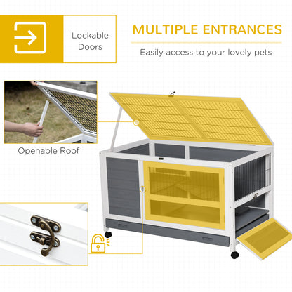 PawHut Indoor Rabbit Hutch Guinea Pig House Wooden Elevated Pet Bunny Cage with Wheels Openable Roof 102 x 60 x 63.5cm Grey