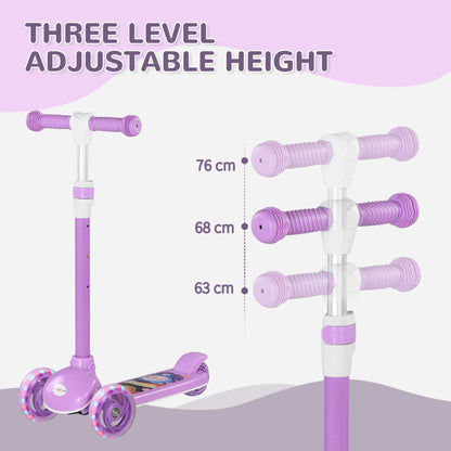 AIYAPLAY Kids 3 Wheel Scooter for 2-6 Years Old w/ Adjustable Height, LED Light, TPE Handlebar, Purple