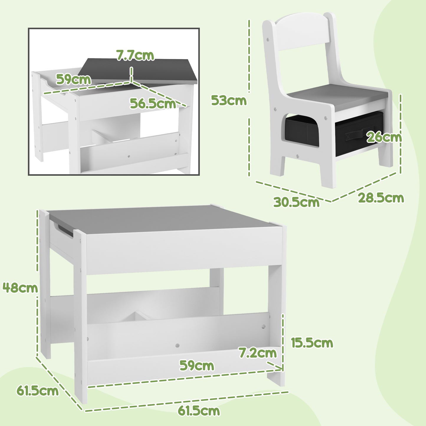 HOMCOM hree-Piece Kids Table and Chair Set with Blackboard, Storage, Bookshelves - Grey