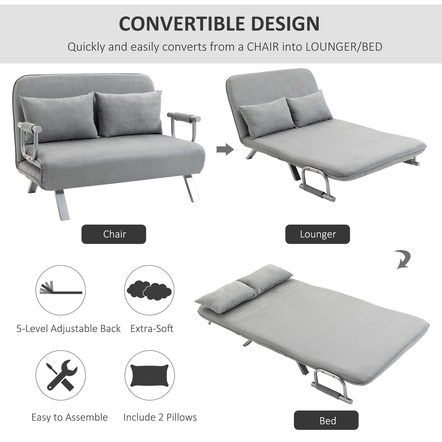 HOMCOM wo-Seater Click-Clack Sofa Bed - Light Grey