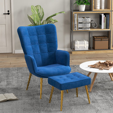 HOMCOM odern Armchair with Footstool, Upholstered Accent Chair with Ottoman, Steel Legs, Velvet Wingback Chair for Living Room, Bedroom, Home Study, Dark Blue