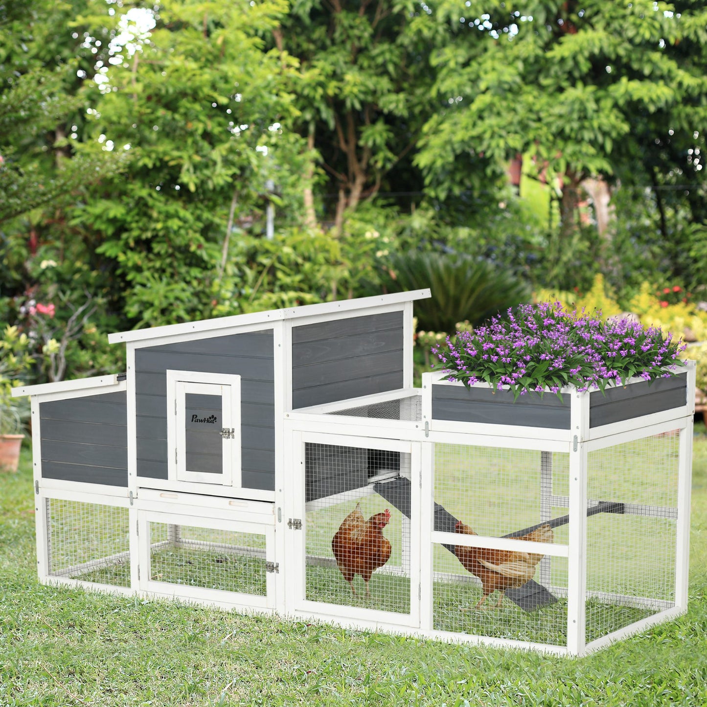 PawHut Deluxe Rabbit Hutch, Chicken Coop, Hen House, Wooden Poultry Cage with Plant Box, Openble Roof, Outdoor Run, Nesting Box, Removable Tray and Lockable Doors, 191.5 x 80 x 90cm