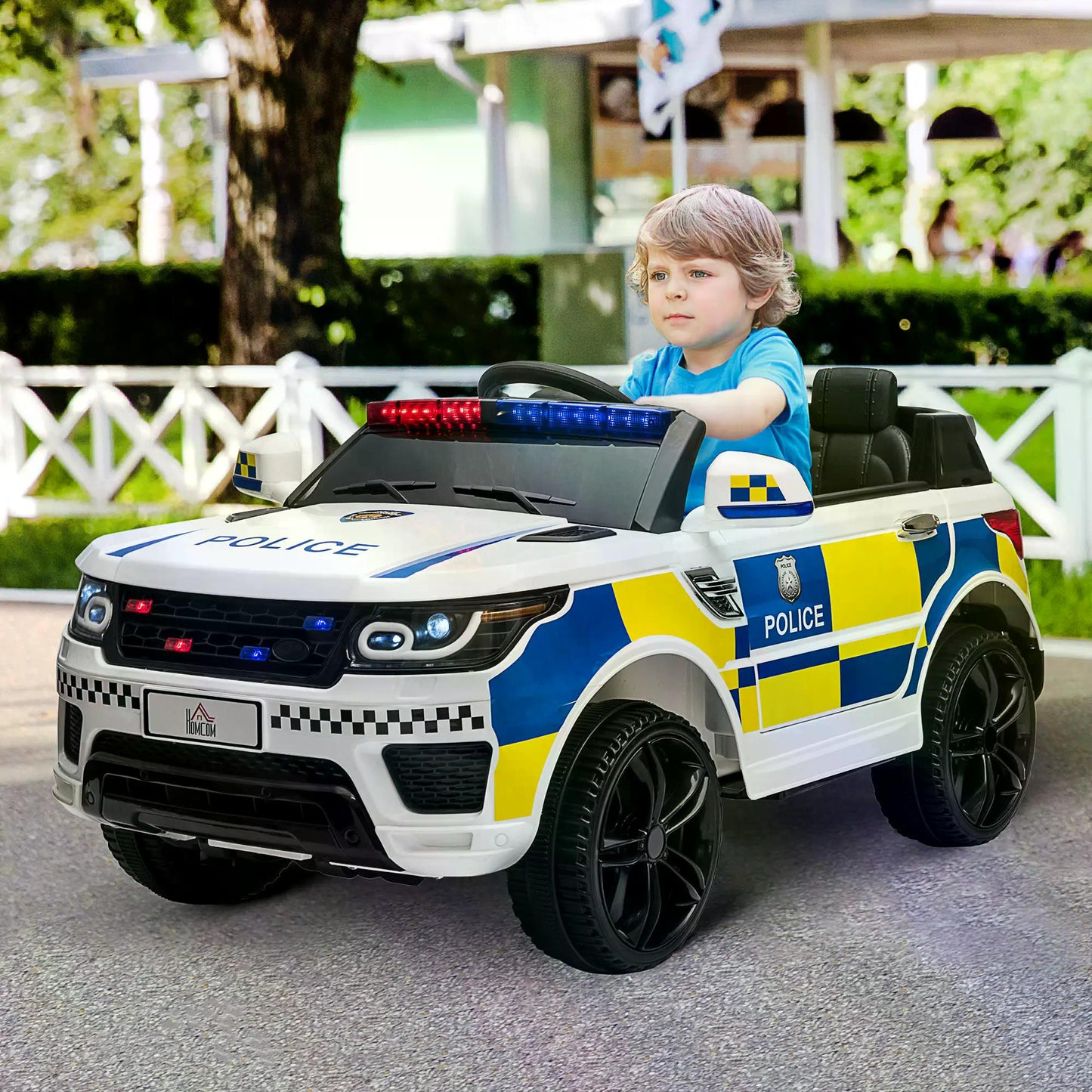 HOMCOM 2V Kids Electric Ride On Police Car 2 Motors with Parental Remote Control Siren Flashing Lights USB Portable for 3-6 Years White