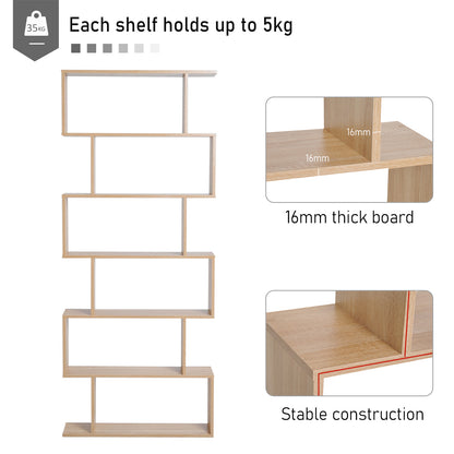 HOMCOM ooden Wood S Shape Storage Display 6 Shelves Room Divider Unit Chest Bookshelf Bookcase Cupboard Cabinet Home Office Furniture (Oak)