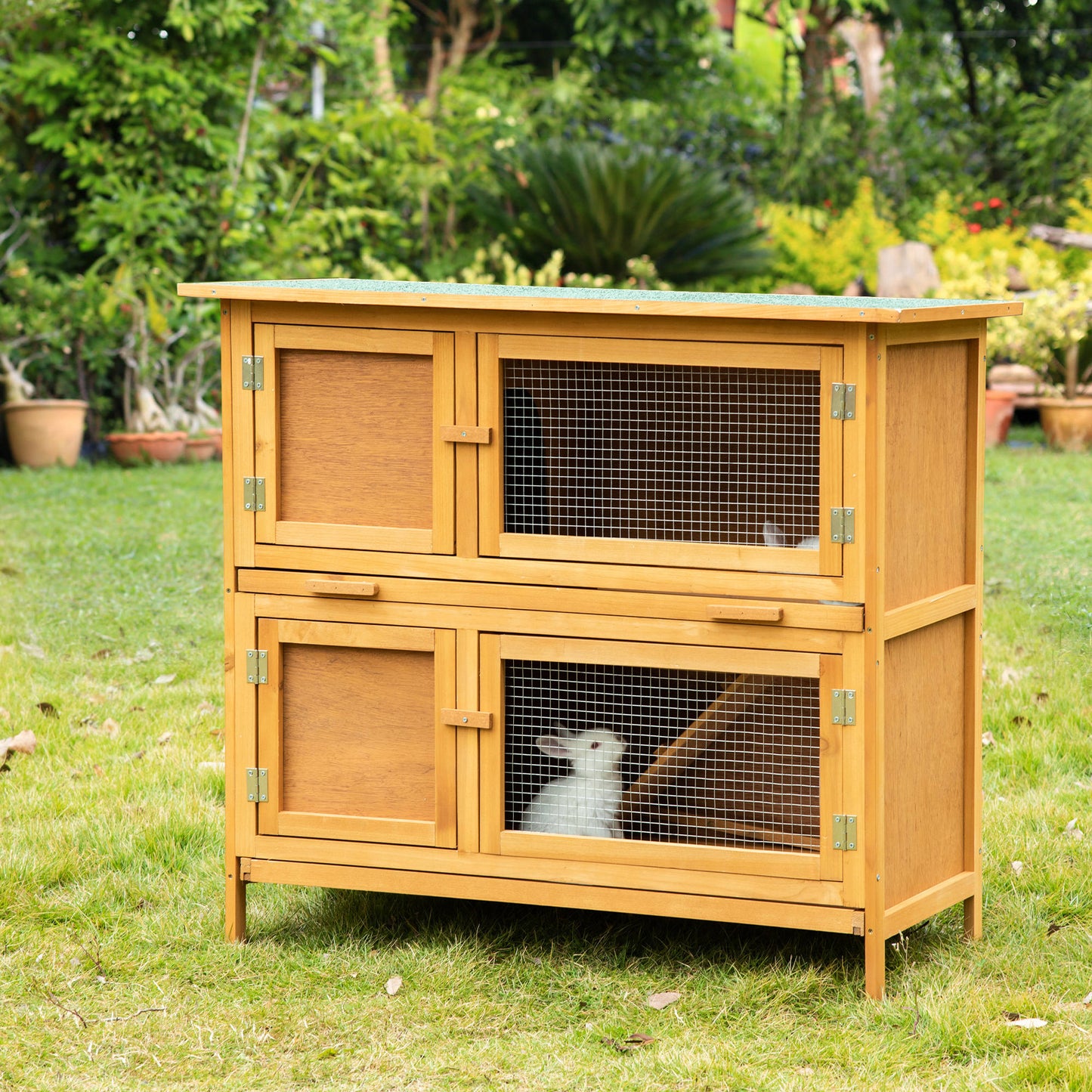 PawHut Two-Tier Rabbit Hutch, with Removable Trays, for 1-2 rabbits - Brown