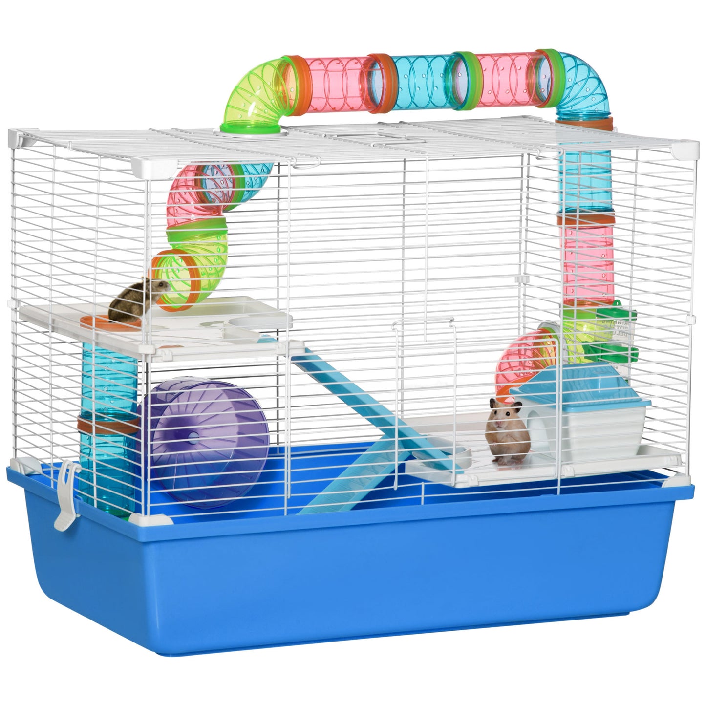 PawHut Hamster Cage with Tubes Tunnel 3 Level Rodent House with Exercise Wheel, Water Bottle, Food Dish, Ramp, Hut 59 x 36 x 47 cm- Blue