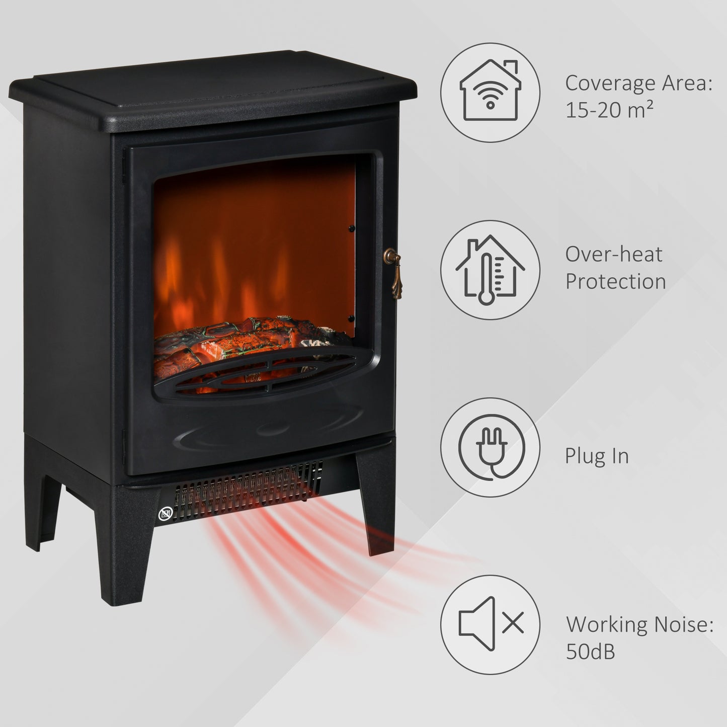 HOMCOM lectric Fireplace Stove, Free standing Fireplace Heater with Realistic LED Flame Effect, Overheat Safety Protection, 900W/1800W, Black