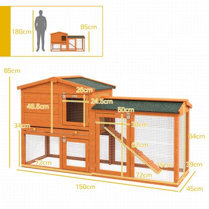 PawHut Two-Tier Rabbit Hutch with Run, Ramp, Slide-Out Tray, for Garden - Yellow