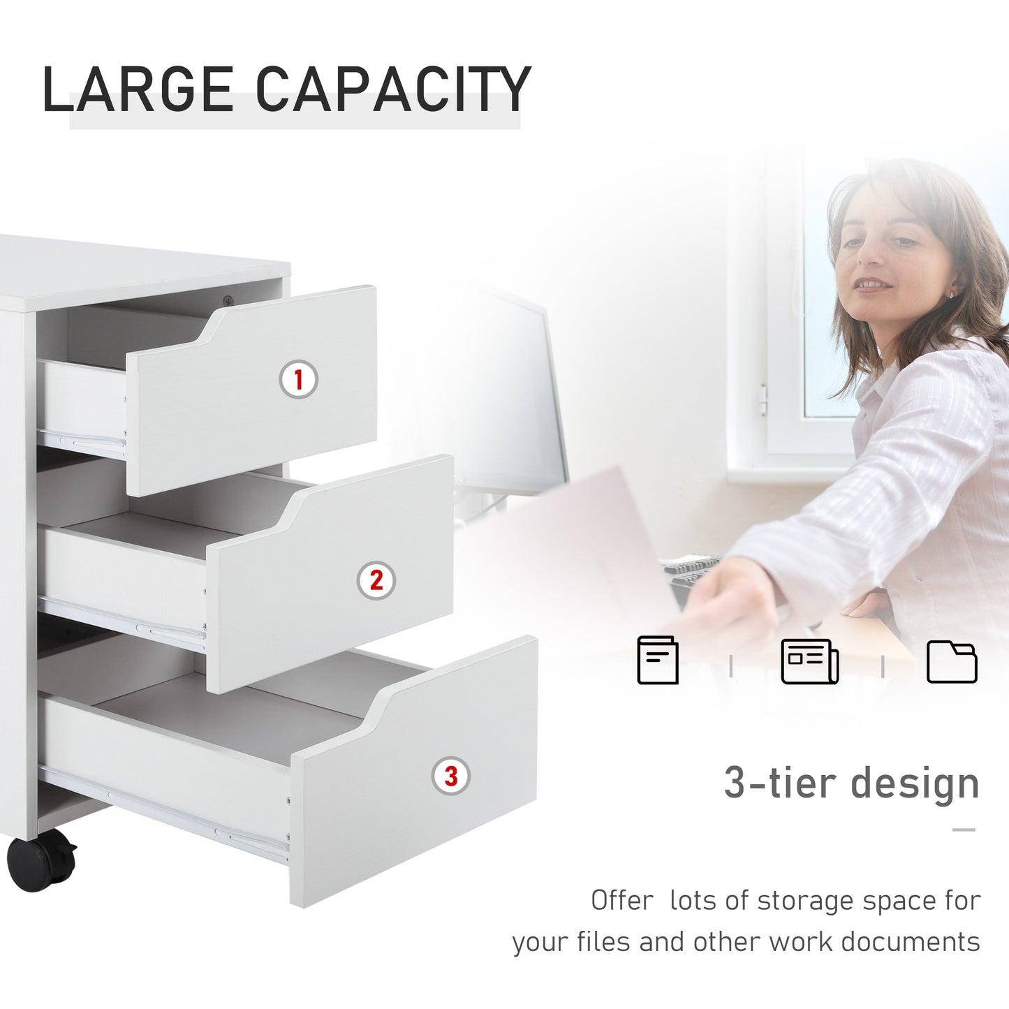 HOMCOM Drawer Mobile File Cabinet, Vertical Filing Cabinet with Wheels for Home Office, White