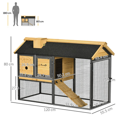 PawHut Outdoor Rabbit Hutch, with Run, Removable Tray, Asphalt Roof, 120 x 55.5 x 80cm