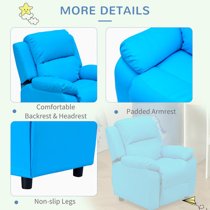 HOMCOM ids Children Recliner Lounger Armchair Games Chair Sofa Seat PU Leather Look w/ Storage Space on Arms (Blue)