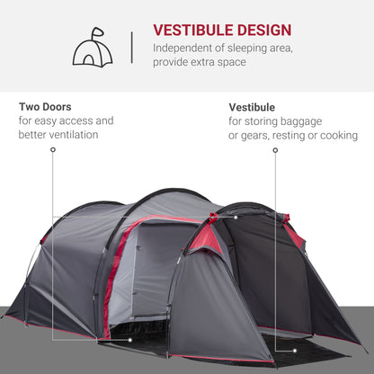 Outsunny 2-3 Person Tunnel Tent with Sewn-in Groundsheet, Air Vents, Rainfly, 2000mm Water Column, Camping Tent with 1 Bedroom, Inbuilt Porch, Living Area for Camping, Hiking, Grey