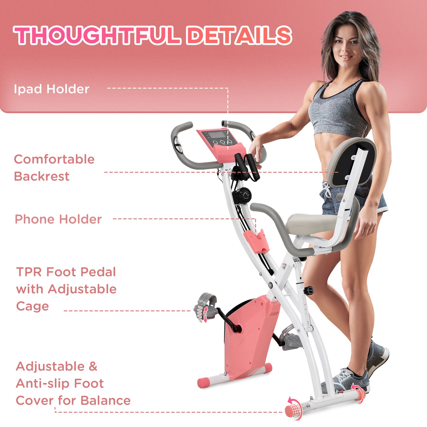 HOMCOM -in-1 Folding Exercise Bike with 8-Level Magnetic Resistance, Arm Resistance Band, Pulse Sensor, Pink