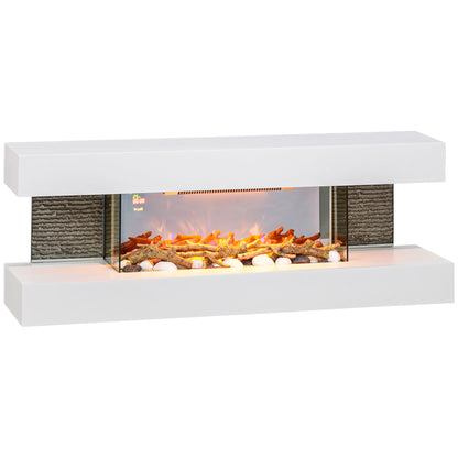 HOMCOM 7inch / 120cm Electric Fireplace Wall Mounted, Freestanding, Glass Electric Fire Suite with Mantel, Adjustable LED Flame Effect, Log, Pebble, Remote Control, 2000W, White