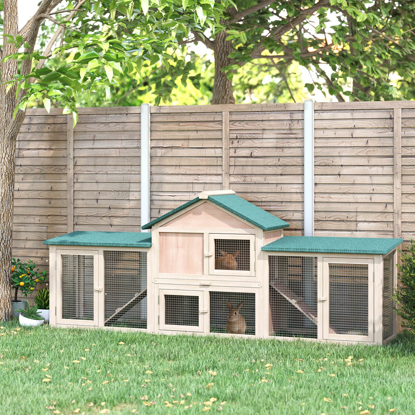 PawHut Large Rabbit Hutch Outdoor Wooden Guinea Pig Hutch with Run, 2 Storey Bunny House 210 x 45.5 x 84.5 cm