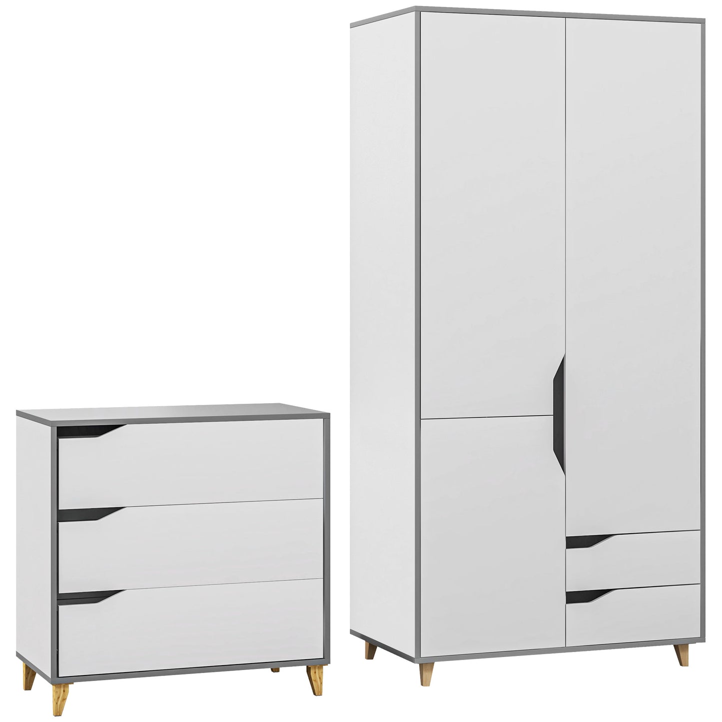 HOMCOM edroom Furniture Set, Wardrobe with Hanging Rail, 3 Drawer Chest of Drawers with Cut-out Handles, Grey and White