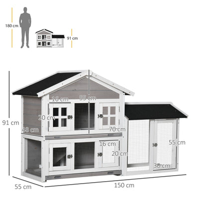 PawHut 2 Tier Wooden Rabbit Hutch, Guinea Pig Cage, Bunny Run, Small Animal House for Indoor Outdoor with Slide-out Tray, Ramp, 150 x 55 x 91cm, Grey