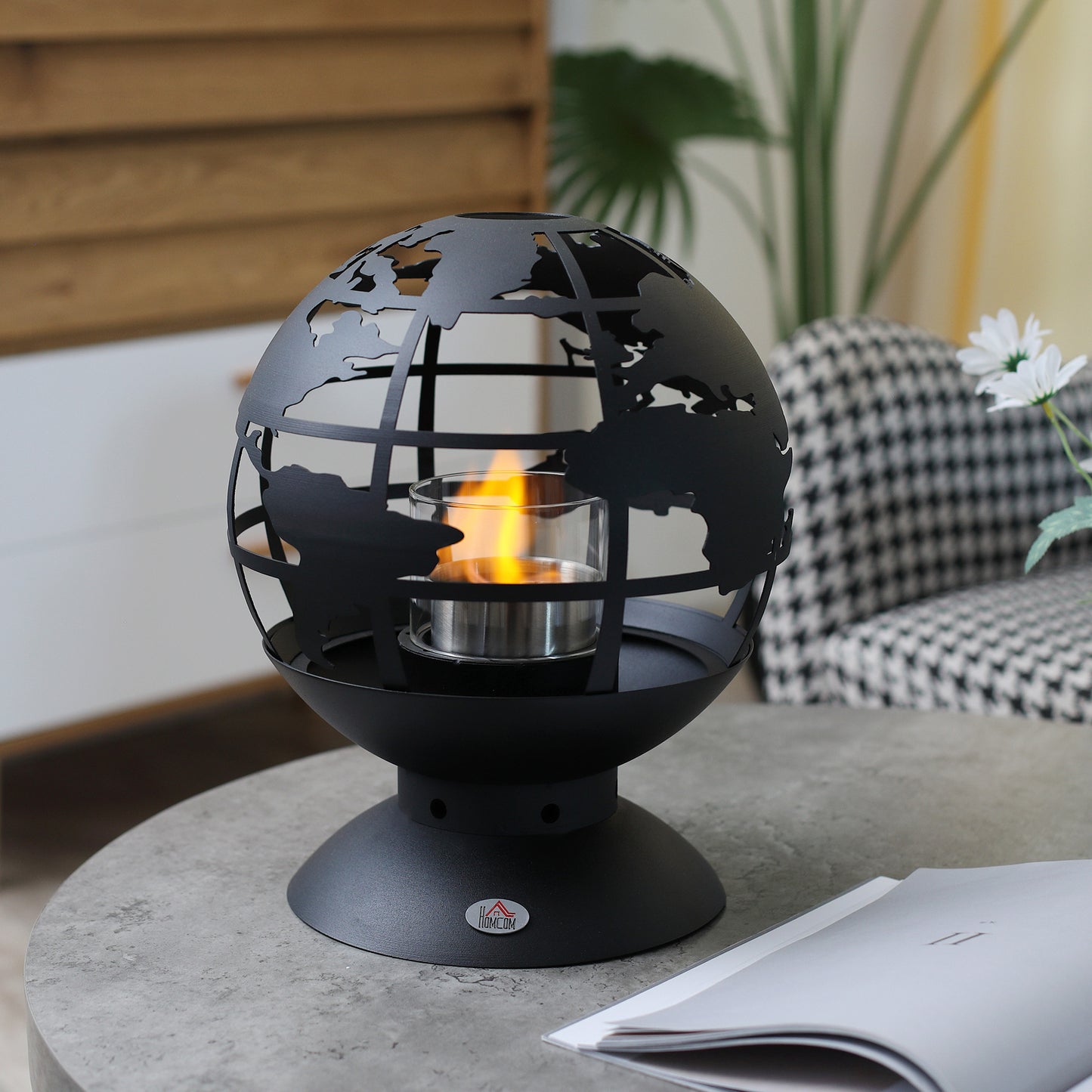 HOMCOM lobe Shape Tabletop Fireplace, Portable Metal Bioethanol Fireplace with Lid and 0.4L Tank, 1.5 Hour Burning Time for Liquid Alcohol, Black