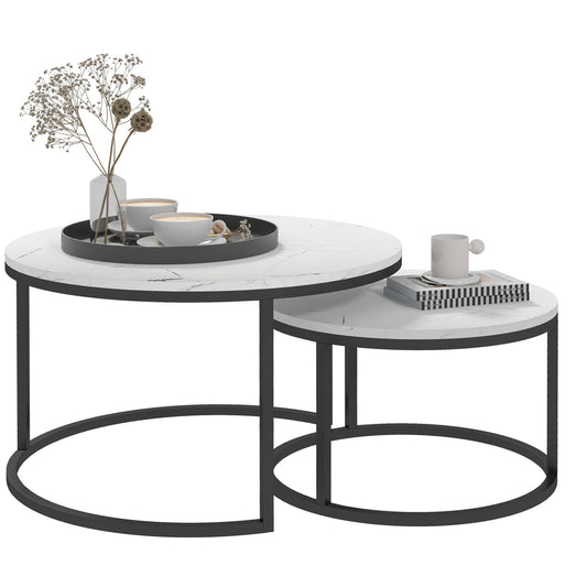 HOMCOM et of Two Marble-Effect Stacking Tables - Black/White