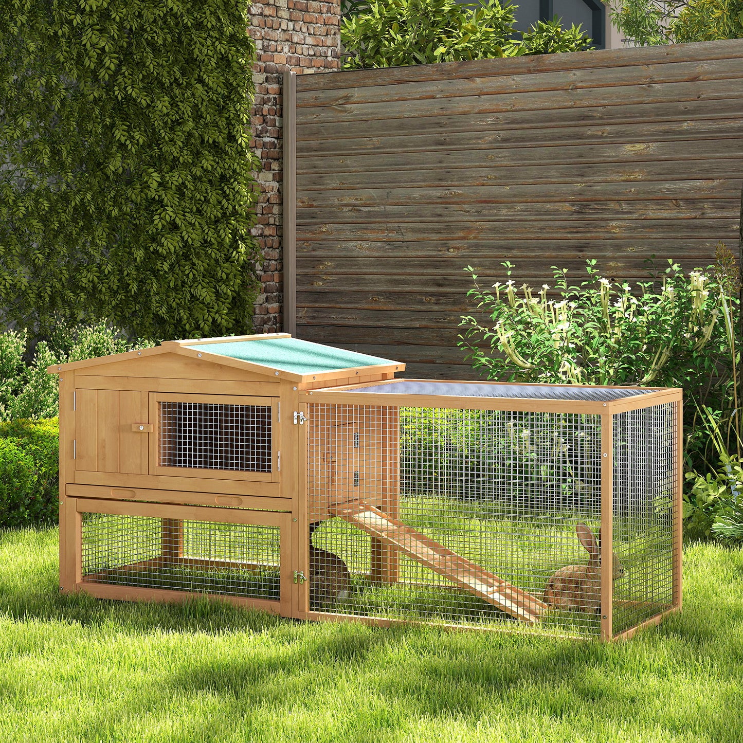 Pawhut Wooden Rabbit Hutch Guinea Pig hutch House 2 Tier with Rabbit Run for Outdoor Garden Backyard, 85 x 24 x 57cm