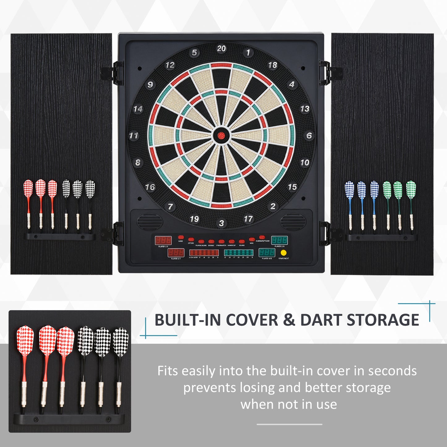 HOMCOM lectronic Dartboard Set, 27 Games Modes and 202 Variations, LED & 12 Soft Tip Darts and Cabinet to Storage, Ready-to-Play Multi-Game Option Darts Machine