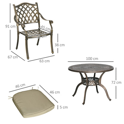 Outsunny 4 Seater Outdoor Dining Set Antique Cast Aluminium Garden Furniture Set with Cushions Round Dining Table with Parasol Hole, Bronze