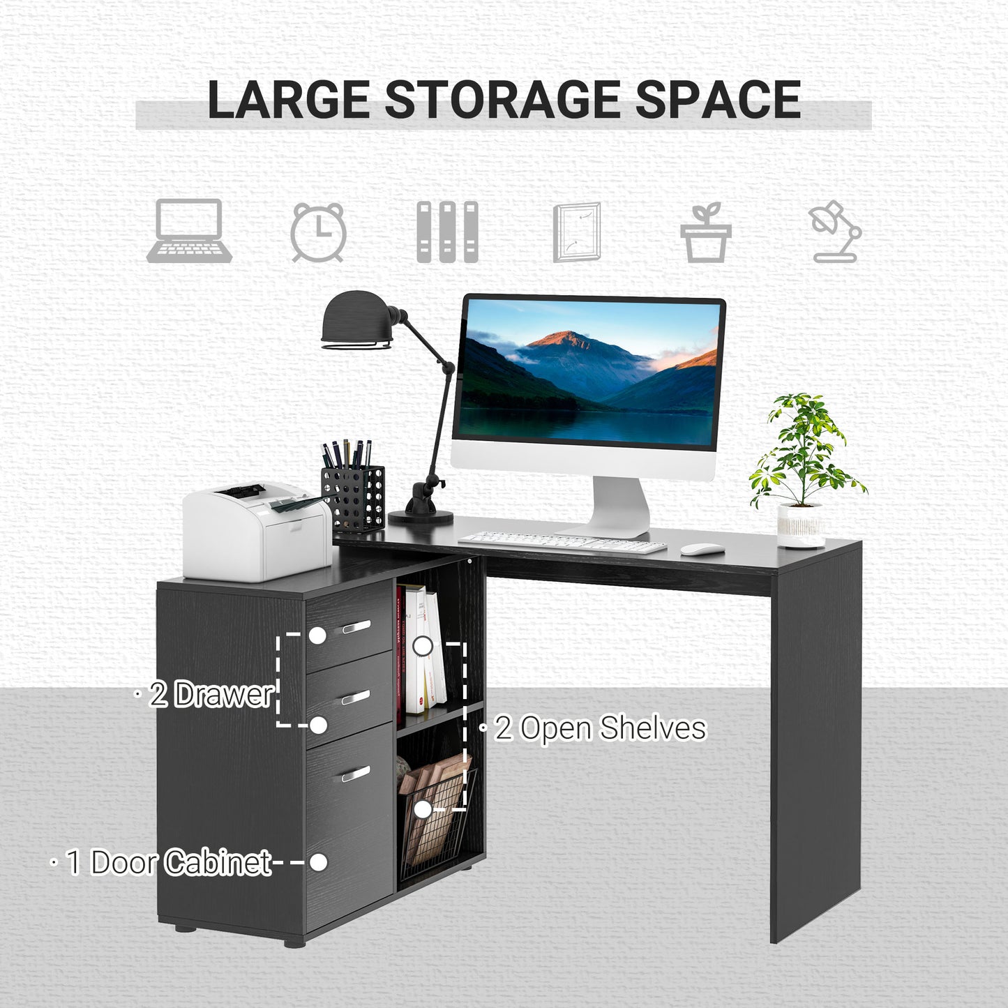 HOMCOM -Shaped Computer Desk, 2 Shaped Corner Desk with Drawers, File Cabinet and Storage Shelves, Home Office Desk, 117 x 83.5 x 76cm, Black