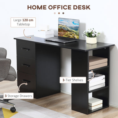 HOMCOM omputer Desk, Writing Table, PC Workstation with 3 Storage Shelves and Drawers, Black Handle, for Home Office, Black