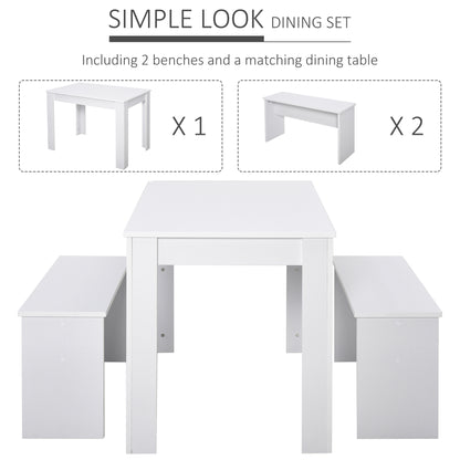 HOMCOM itchen Dining Table and 2 Benches Set, Table and Chairs Set for Limited Space, White