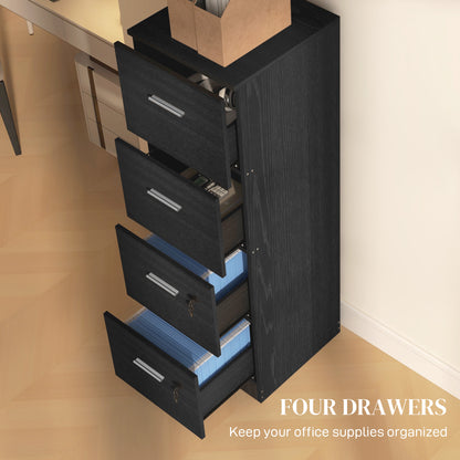 HOMCOM our-Drawer Lockable Filing Cabinet - Black Wood Effect