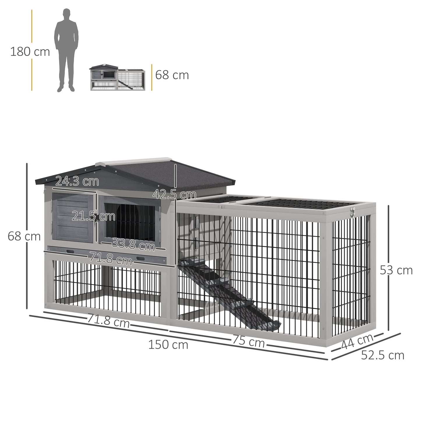 PawHut Rabbit Hutch Outdoor, Wooden Guinea Pig Hutch with Rabbit Run 2 Level Design Water Resistant Openable Roof 150 x 52.5 x 68 cm, Grey