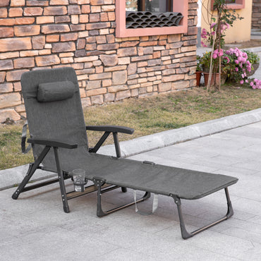 Outsunny Folding Sun Lounger, Mesh Fabric Chaise Lounge Chair, 7-Reclining Position Sleeping Bed with Pillow and Cup Holder or Poolside, Deck, Backyard, Dark Grey