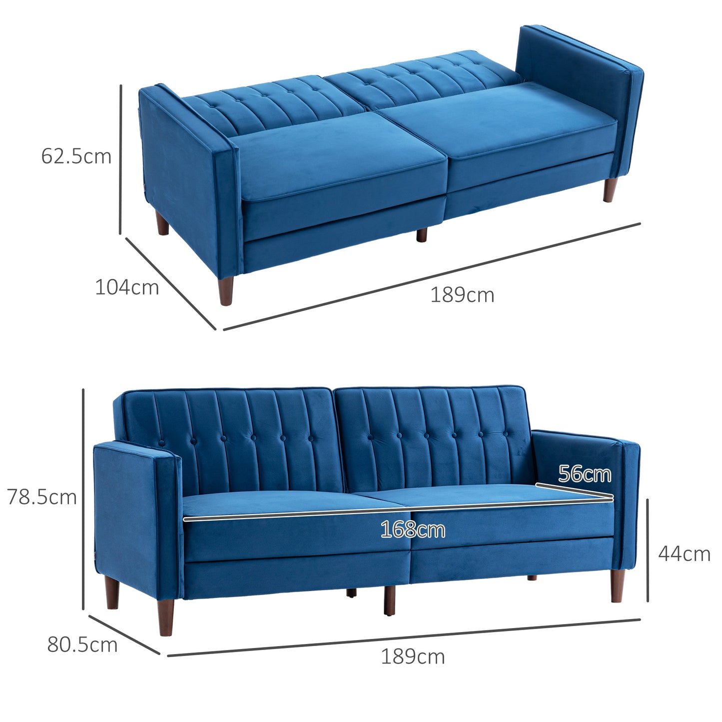 HOMCOM Velvet-Feel 3 Seater Sofabed - Blue