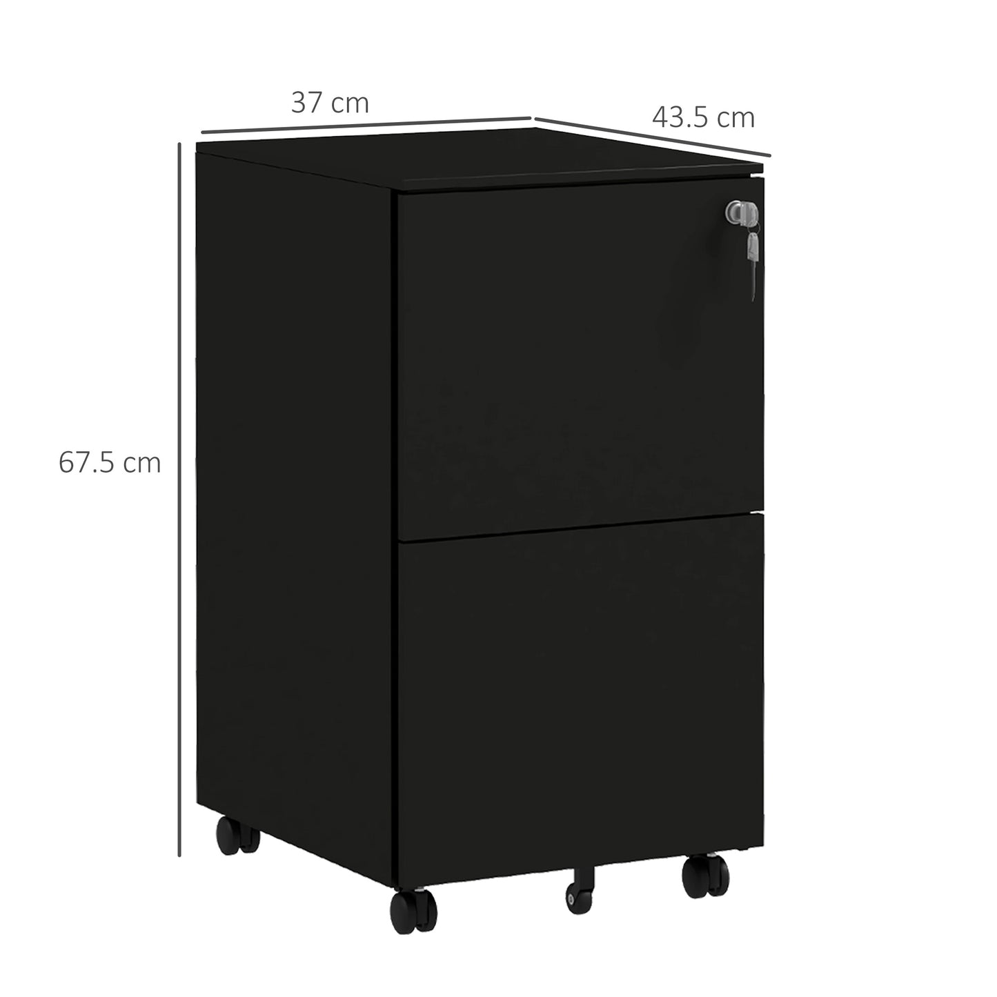 Vinsetto 2-Drawer Vertical Filing Cabinet with Lock and 5 Wheels, Steel Mobile File Cabinet, for A4, Legal and Letter Size, Pre-Assembled Body, Black