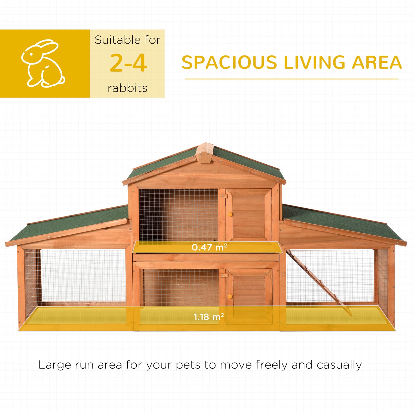 PawHut Large Rabbit Hutch Outdoor, Guinea Pig Hutch, Wooden Small Animal House, with Rabbit Run, 215 x 63 x 97 cm