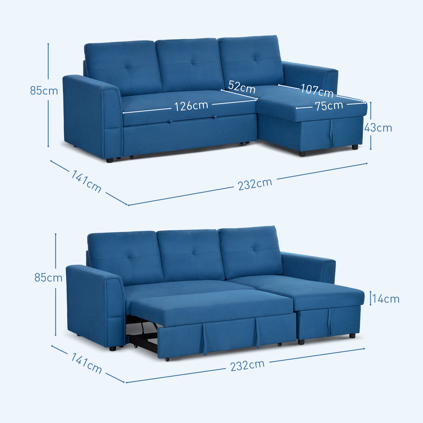 HOMCOM Seater Sofa Bed, L-Shaped Corner Sofa, Pull Out Sofa with Storage, Convertible Click Clack Settee Sectional Sleeper Futon for Living Room, Office, Dark Blue