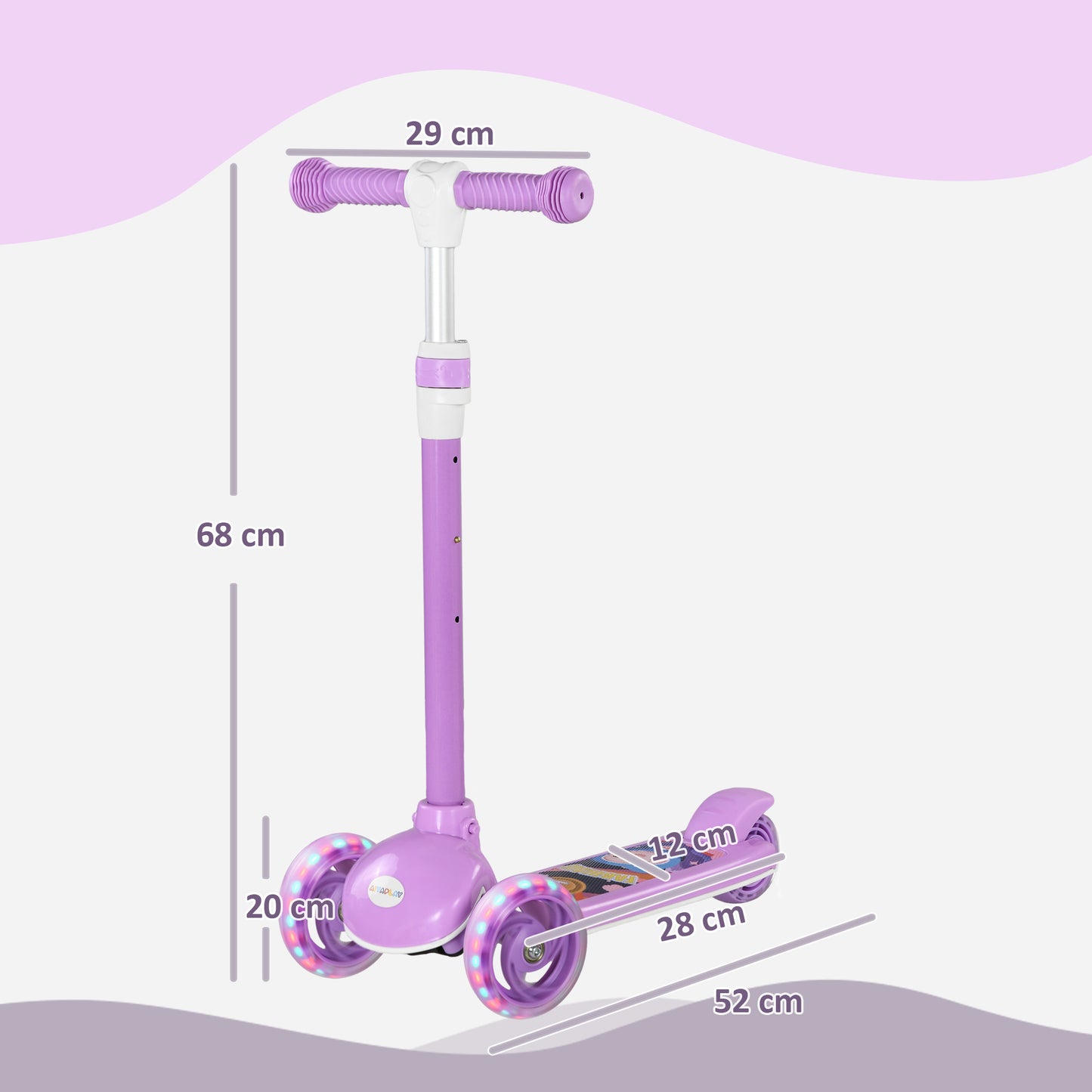 AIYAPLAY Kids 3 Wheel Scooter for 2-6 Years Old w/ Adjustable Height, LED Light, TPE Handlebar, Purple