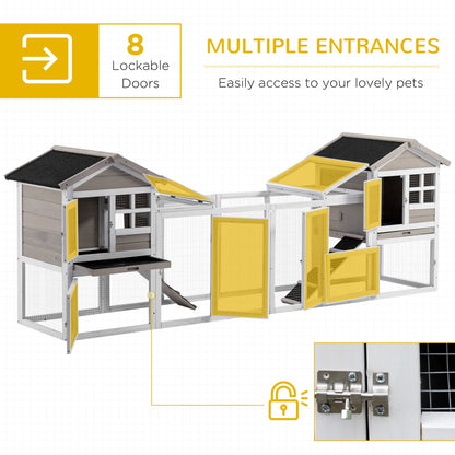 PawHut 2 in 1 Rabbit Hutch Outdoor Guinea Pig Hutch Bunny Run Double Main House with Run, No-Leak Tray 259 x 64 x 92cm, Grey