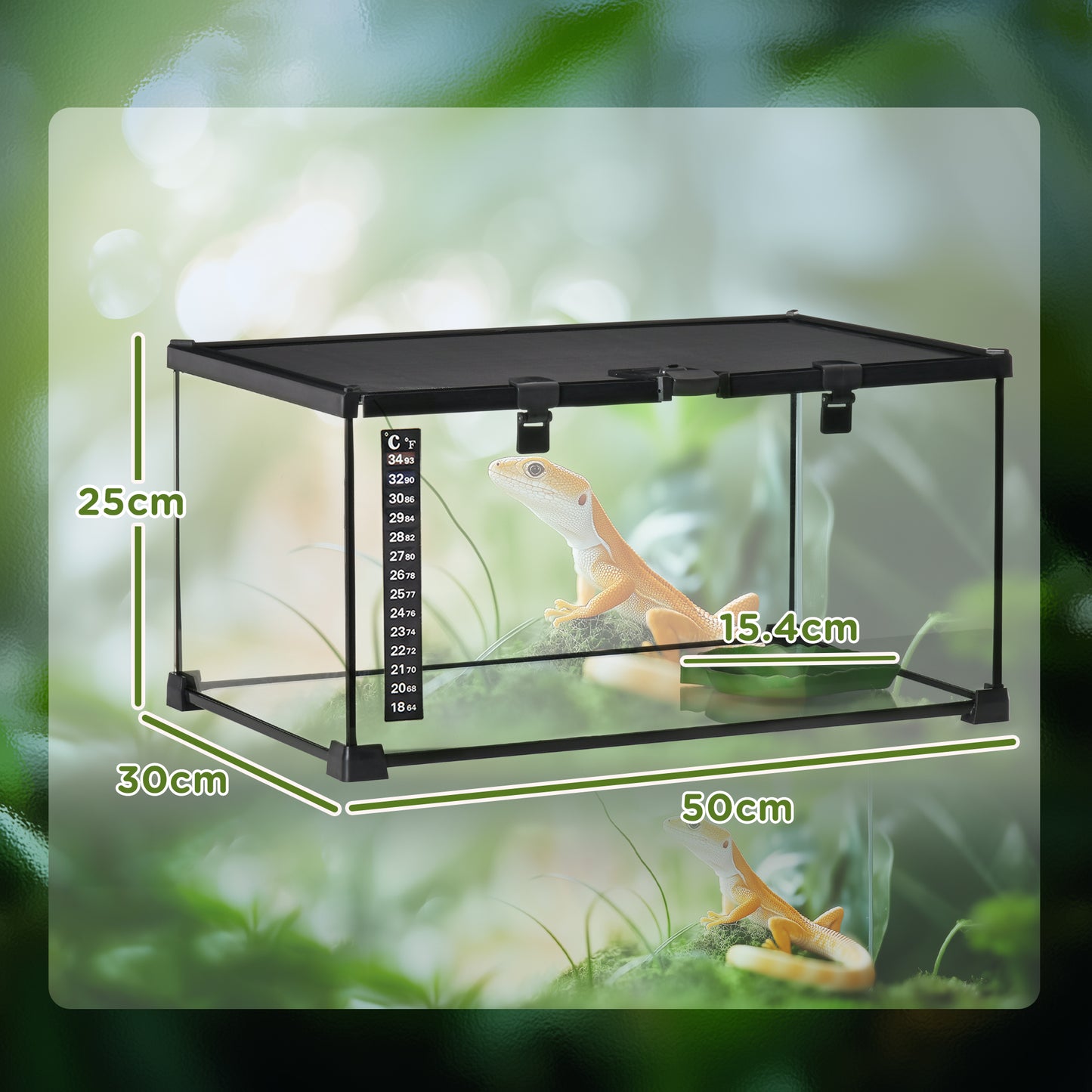 PawHut Glass Reptile Terrarium Insect Breeding Tank Vivarium Habitats with Thermometer for Lizards, Horned Frogs, Snakes, Spiders - Medium 50 x 30 x 25cm