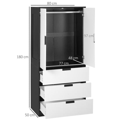 HOMCOM Door Wardrobe, Modern Wardrobe with 3 Drawers and Hanging Rod for Bedroom, Black