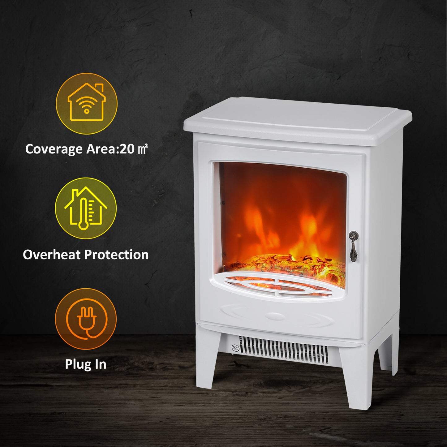 HOMCOM empered Glass Casing Electric Fireplace, Freestanding Electric Fire with Realistic Flame Effect, Electric Log Burner with Overheat Protection, 950w/ 1850W, White