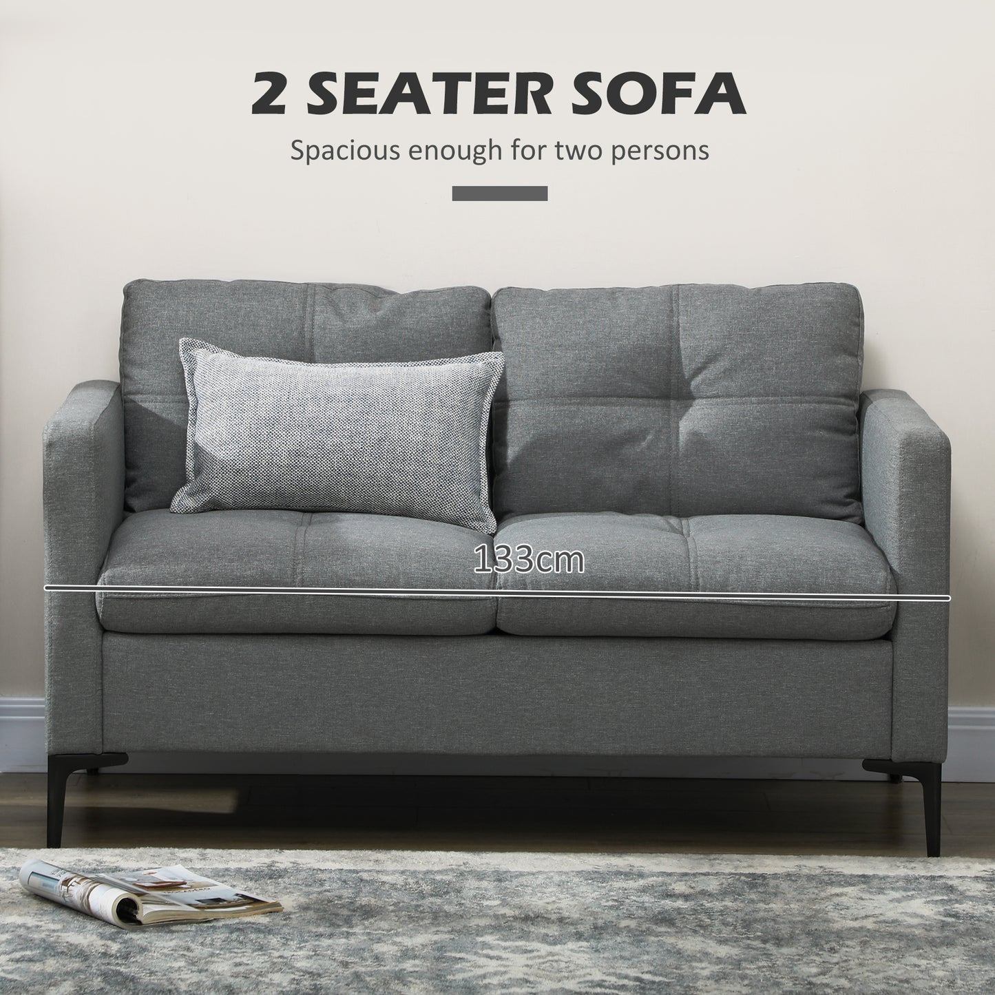 HOMCOM 2 Seater Sofa, with Steel Legs - Grey Fabric