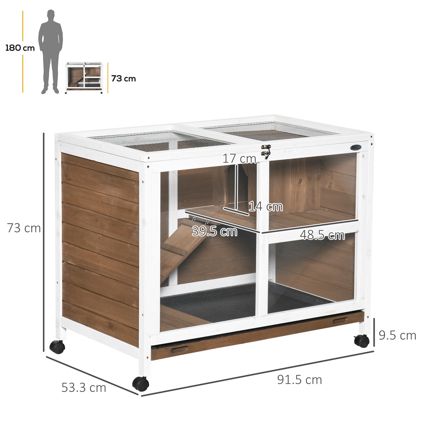 PawHut Wooden Rabbit Hutch, Bunny Cage w/ Tray, Ramp, Openable Roof, Wheels, 91.5 x 53.3 x 73cm - Brown